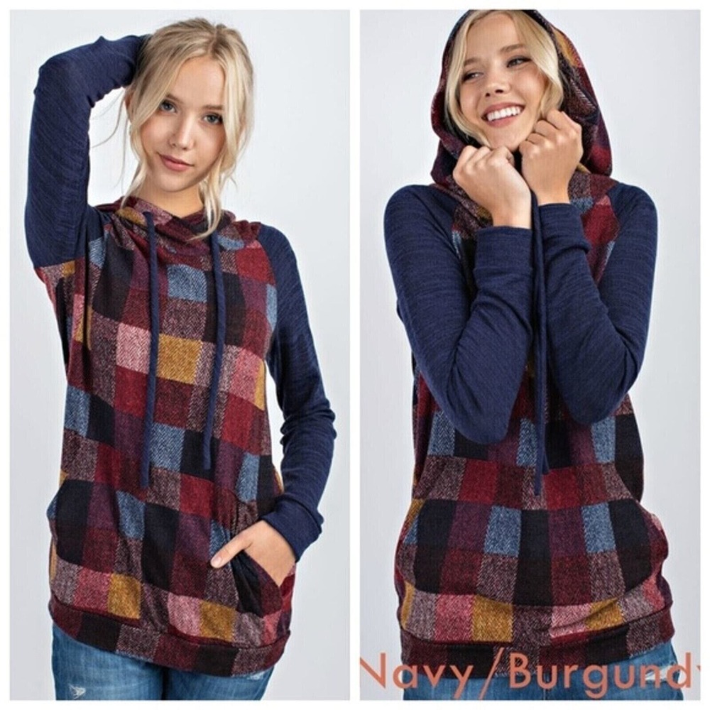 12pm by Mon Ami Hoodie Pullover Plaid Drawstring Pocket Long Sleeve Casual Sz S